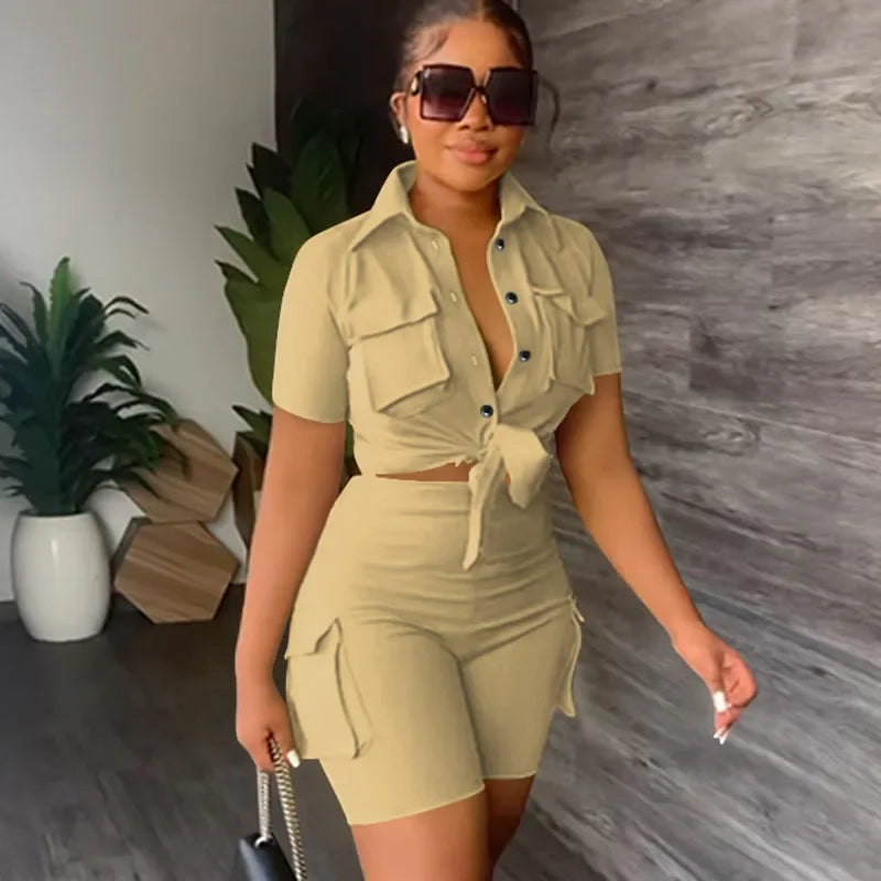 Button-Up Shirt Top Short Matching Streetwear Two Piece Set for Women