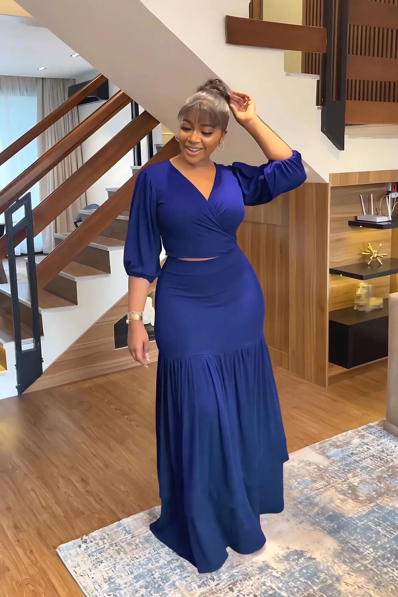 Women's Suits Deep V Neck Slim Short Tops High Waist Pleated Skirt