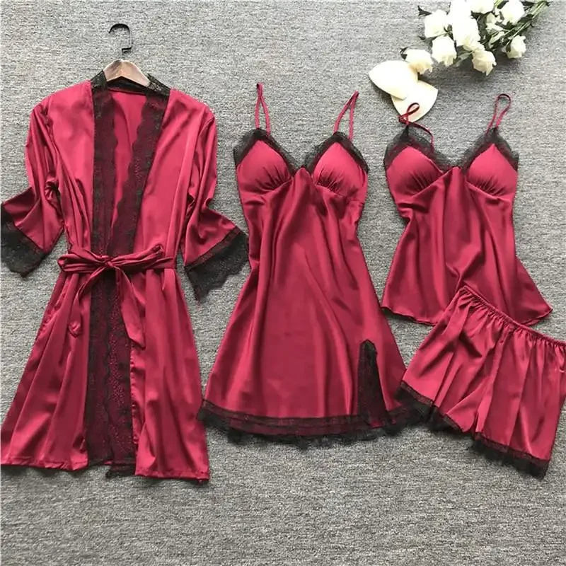 4 Pieces Women's Sexy Lace Pajamas V-Neck Gown Comfort With Chest Pads