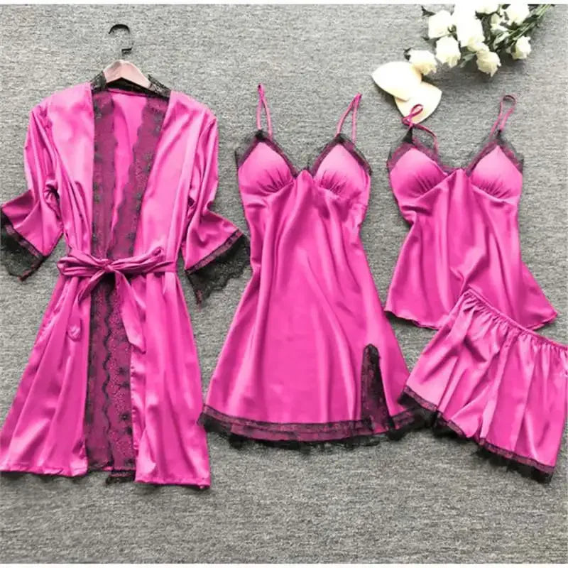 4 Pieces Women's Sexy Lace Pajamas V-Neck Gown Comfort With Chest Pads