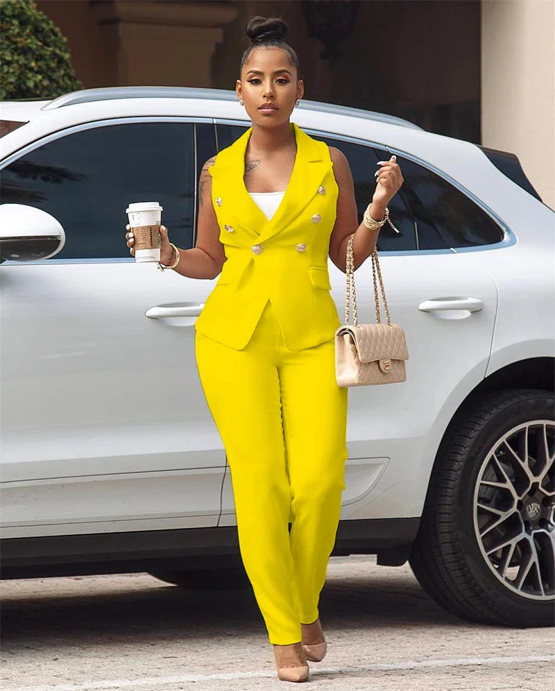 Women's Set Elegant Sleeveless Blazer Top + Pencil Pants Matching Sets