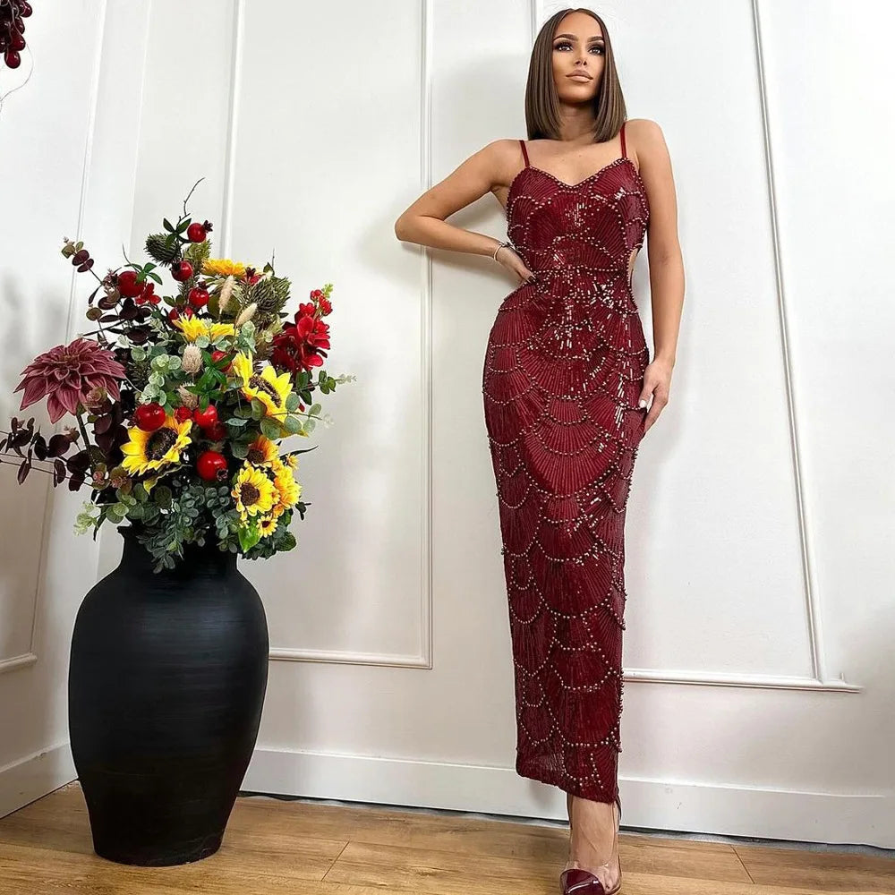 Hollow Sexy Bodycon Spaghetti Strap Evening Party Dresses for Women