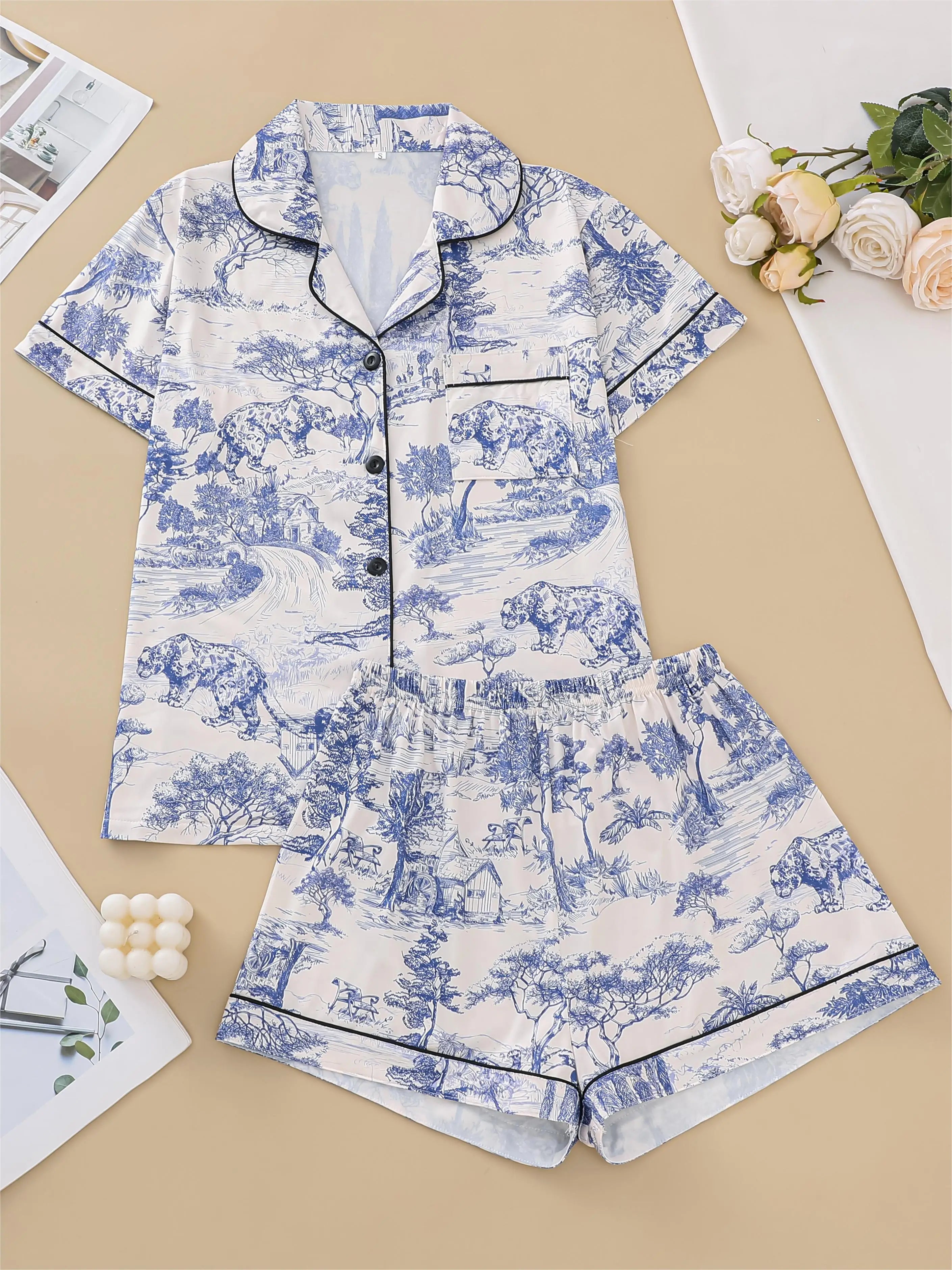 Pajama set, comfortable short-sleeved lapel top loungewear for women