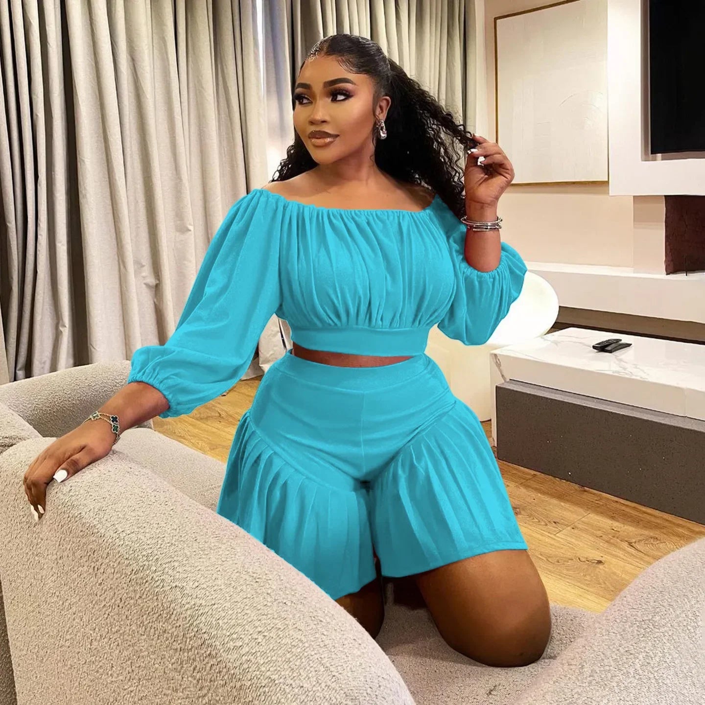 Two-Piece Set Outfits Long Sleeve Slash Neck T-Shirt, and Shorts