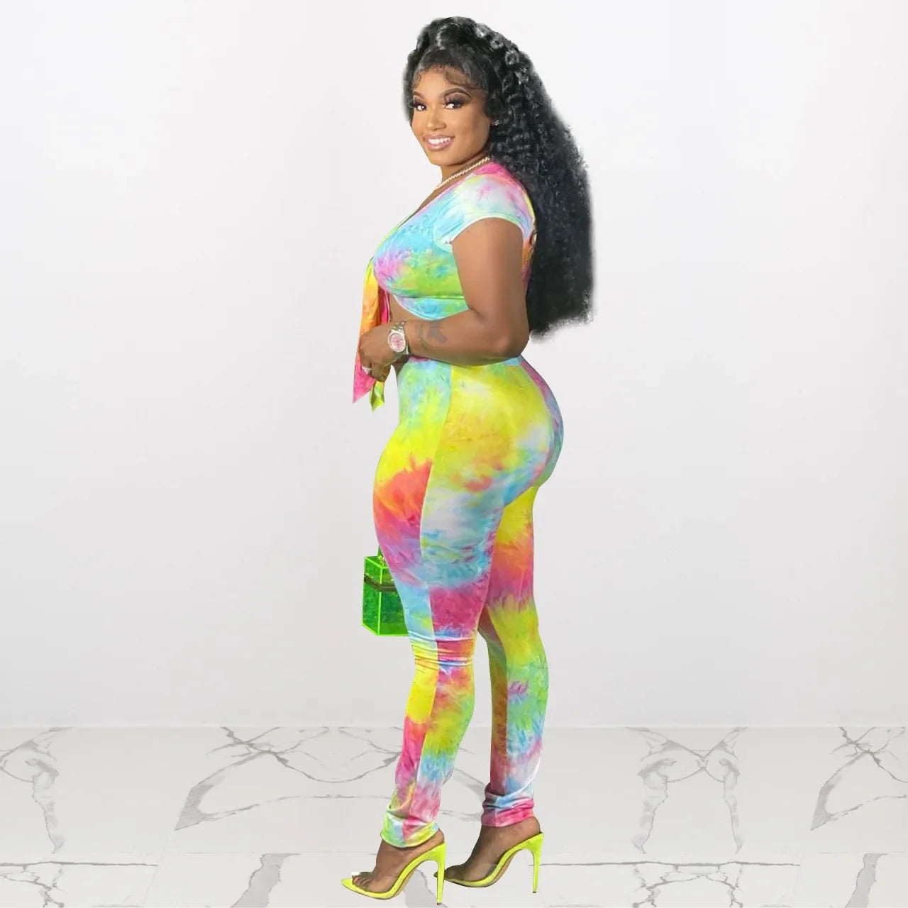 Plus Size Women's Fashion Tie Dye Gradient Print Two Piece Set Sexy Knot