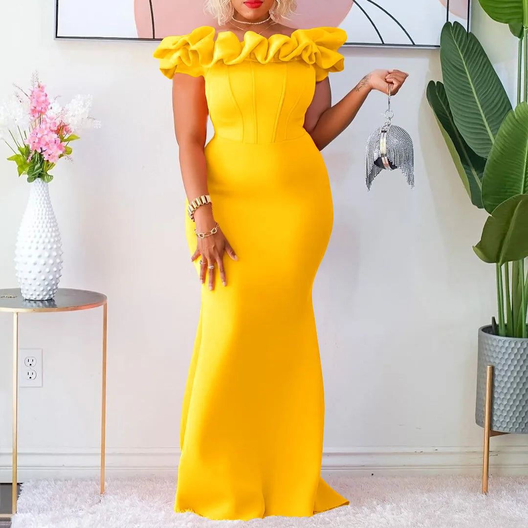 Elegant Off Shoulder Short Sleeve Ruffles Mermaid Long Dress for Women