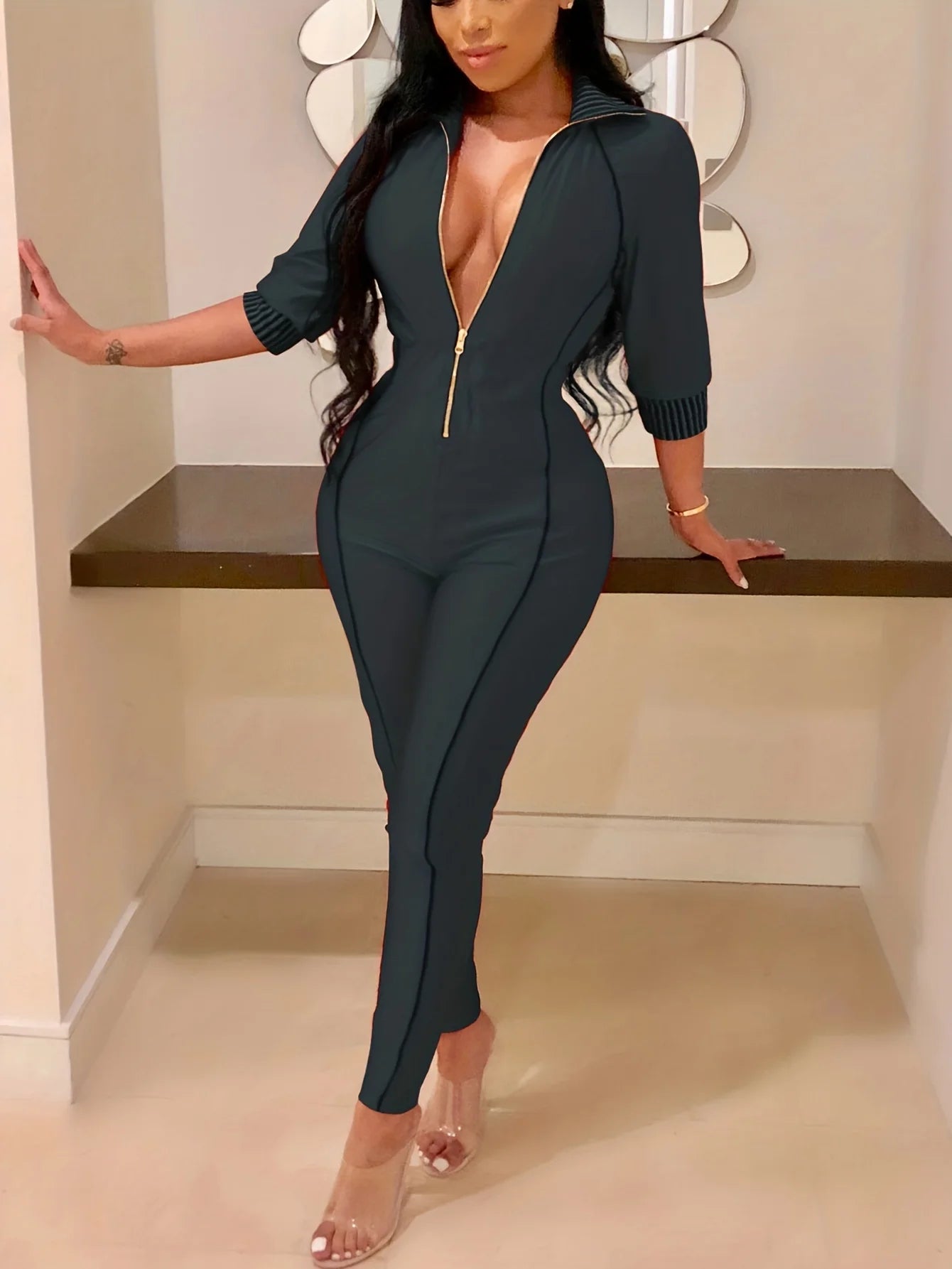Zipper 3/4 Sleeve Skinny Jumpsuit, Sports Long Sexy Women's Clothing