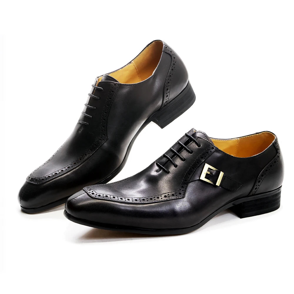 Luxury Leather Formal Shoes Lace Up Buckle Pointed Toe Shoes for Men