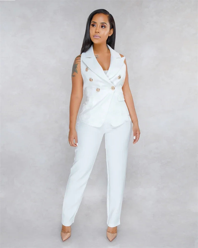 Women's Set Elegant Sleeveless Blazer Top + Pencil Pants Matching Sets