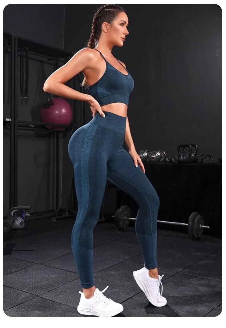 SALUDMOVE 2Pcs/Set RIBBED Women Yoga Pants Sports Bra Sets Fitness No Camel  Toe Leggings &Tops Suits Activewear C137+138