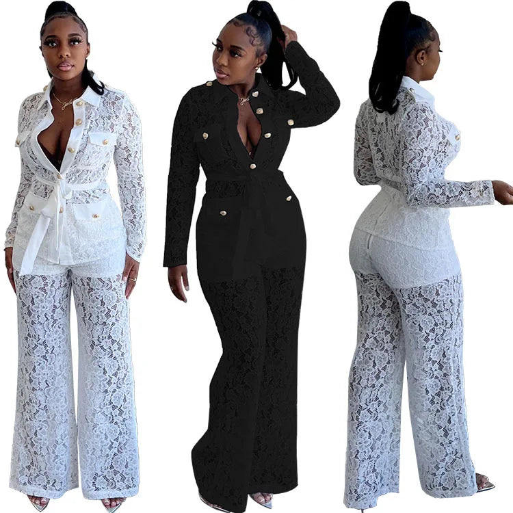 Women's Crochet Lapel Long Sleeve Jumpsuit Two Piece Pants Set Trendy