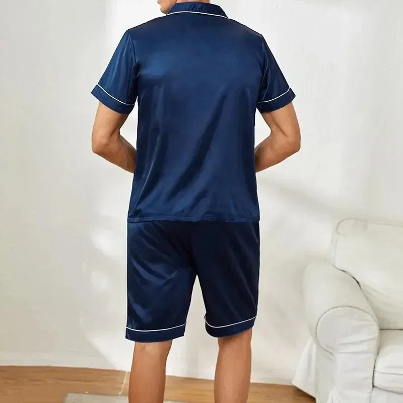 Plus Size Men's Pajama Set Faux Silk Lapel Cardigan Short Sleeve Set