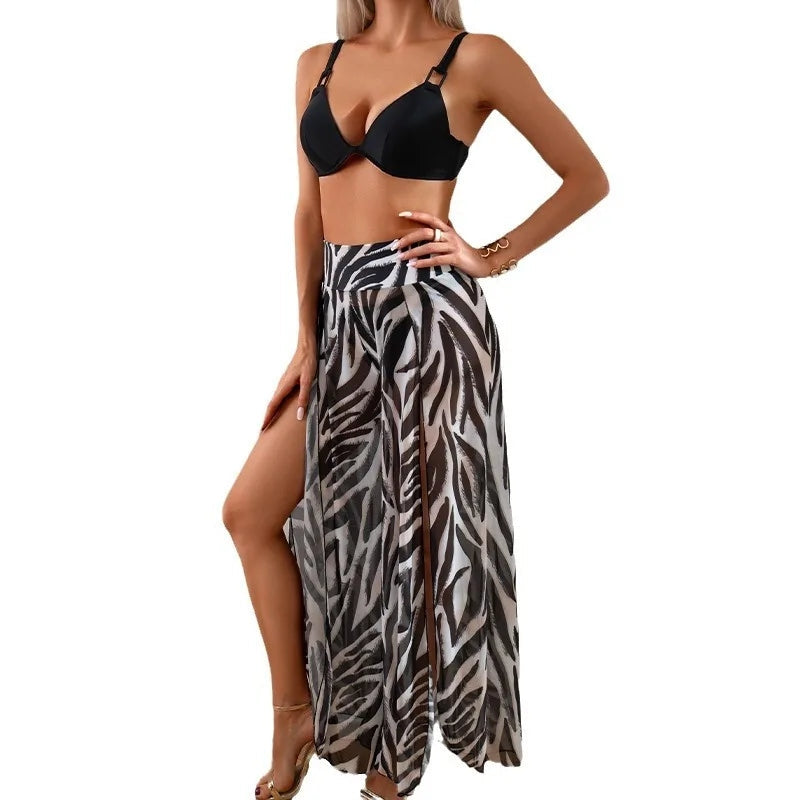 Bikinis Sets 3 Pieces Swimsuit Slit Pants Cover Ups Stripe Swimwear