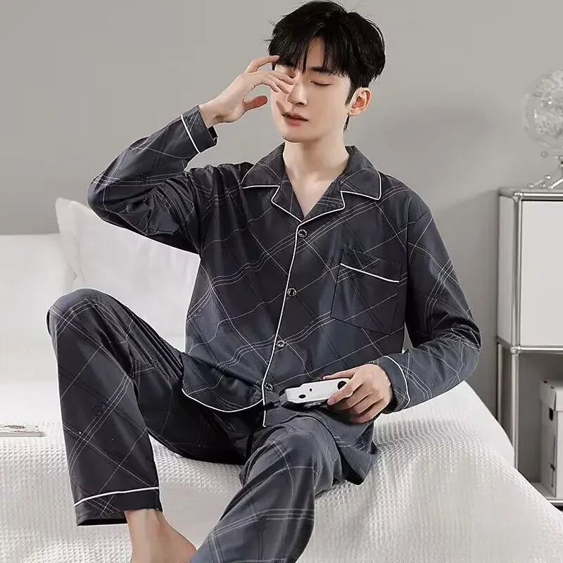 Men's Cotton Pajama Set, Lightweight Long Sleeve Casual Cardigan Suit