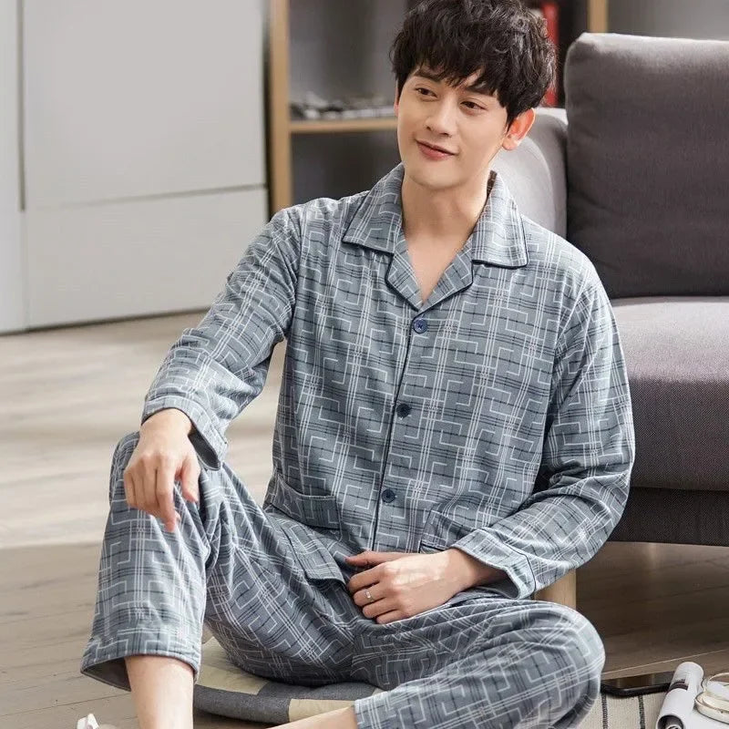Men's Cotton Pajama Set, Lightweight Long Sleeve Casual Cardigan Suit