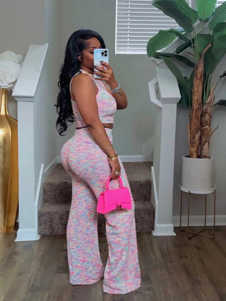 Women's Outfits: Stretchy Knitted Suit Sexy Sleeveless Top and Pants