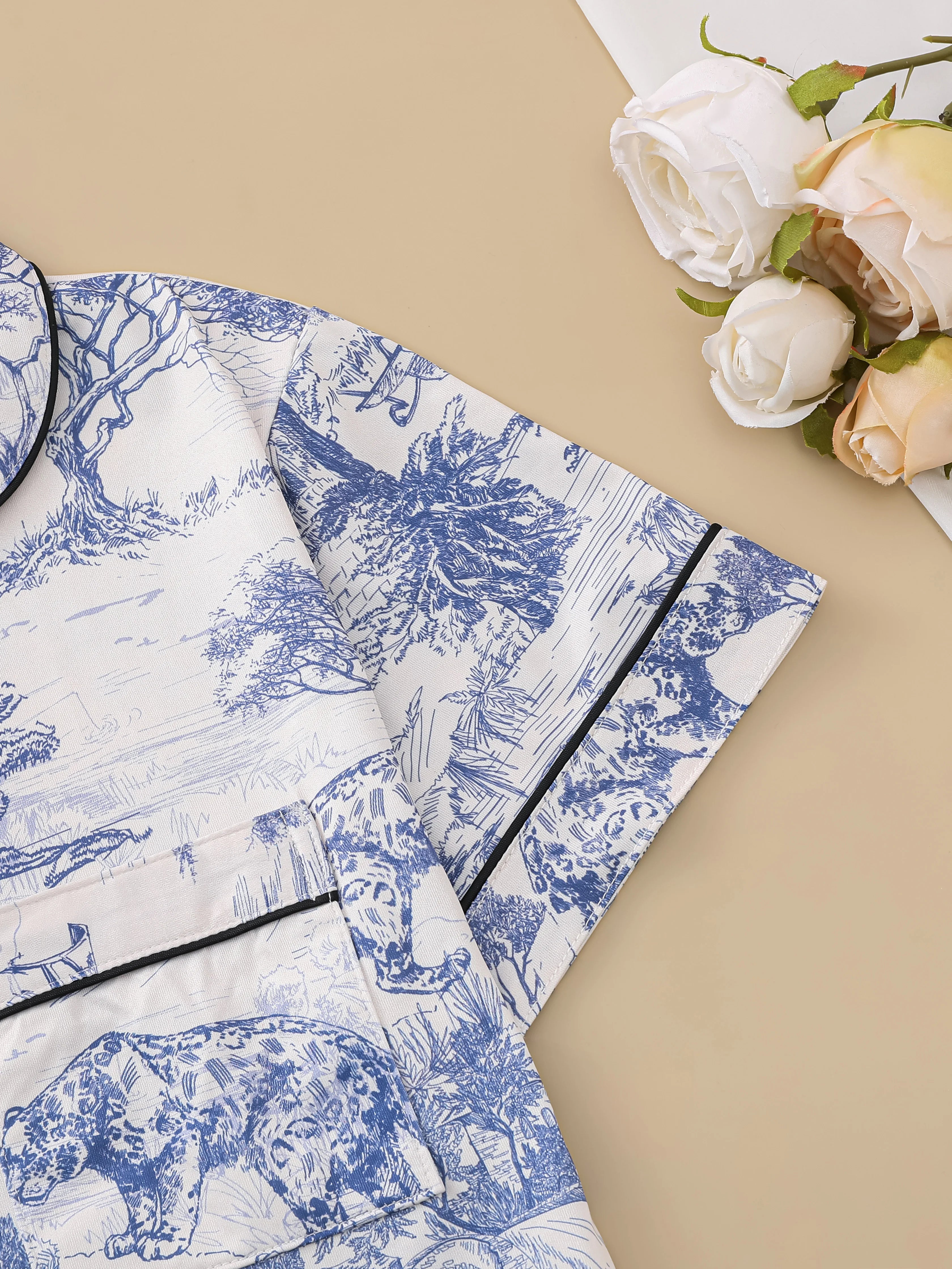 Pajama set, comfortable short-sleeved lapel top loungewear for women