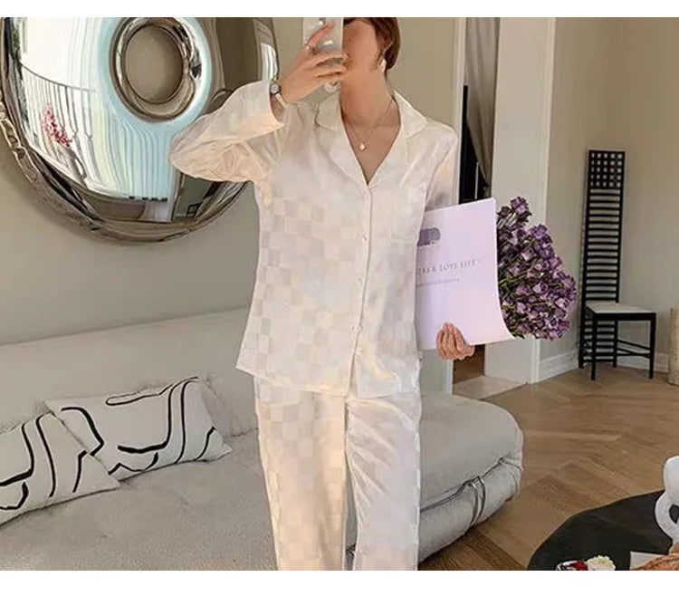 Women's Home wear Set Summer Long-Sleeved Pants Plaid Pajama Set