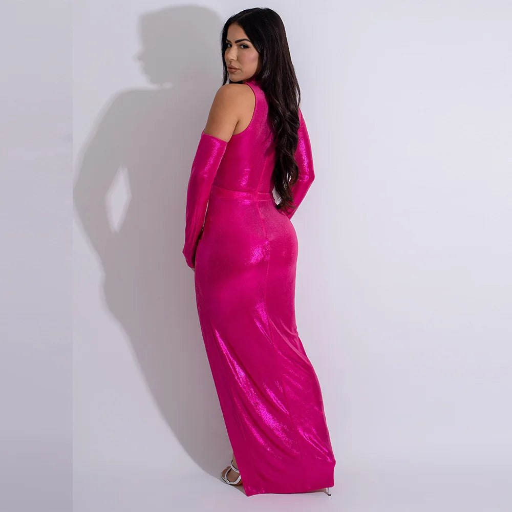 Women Cutout Shoulder High Side Split Gilding Midi Maxi Long Dress