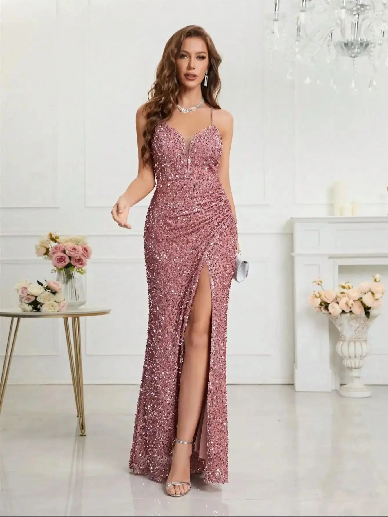 Bodycon Halter Neck Ruched Waist Sequined Formal  Cami Women's Dress