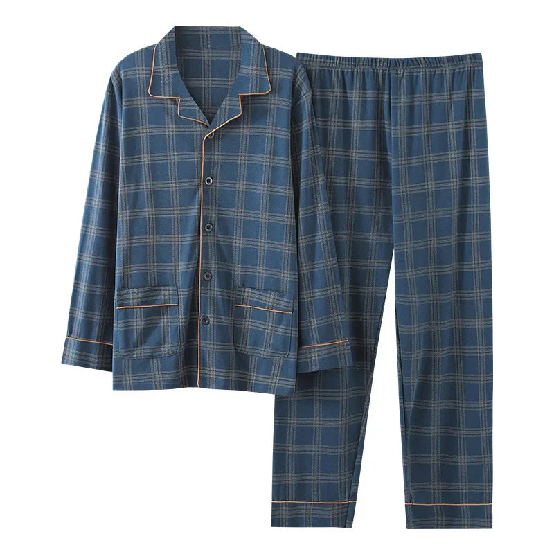Men's Pure Cotton Long Sleeve Sleepwear Plaid Home Clothes Nightgown