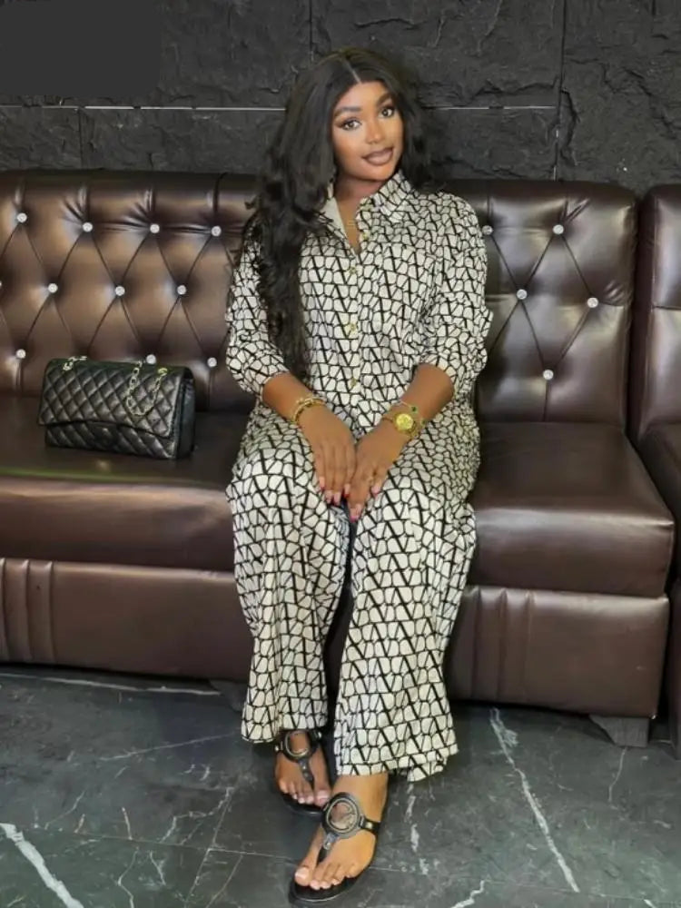 Women's Hipster 2 Piece Sets Lapel Full Sleeve Blouse & Wide Leg Pant