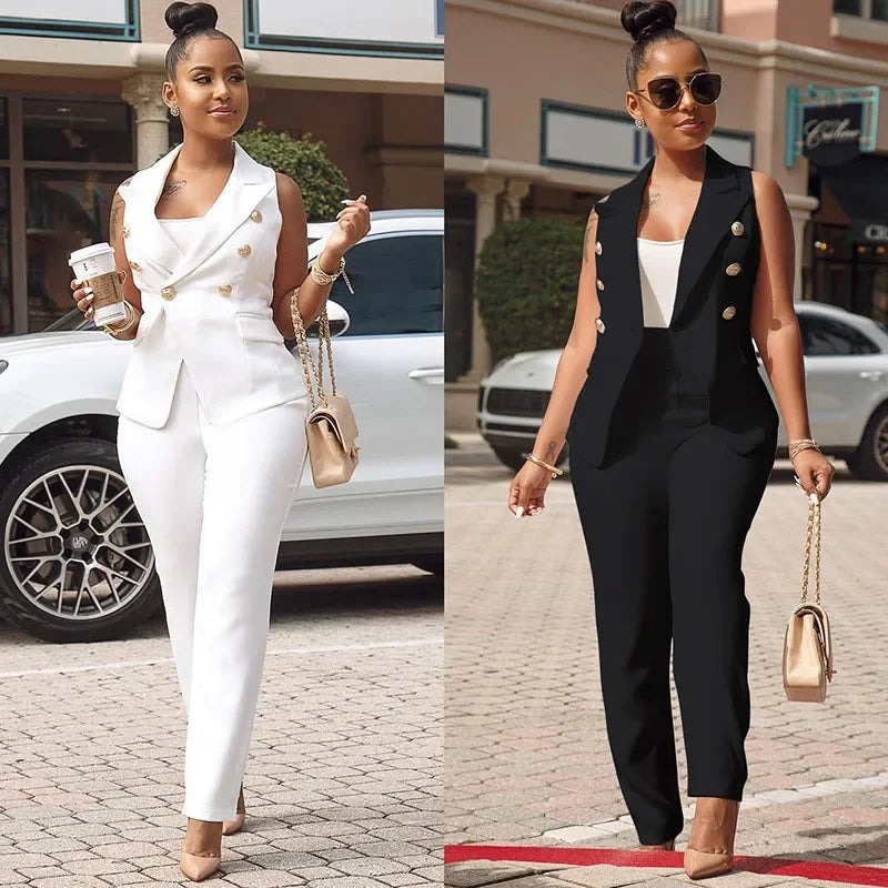 Women's Set Elegant Sleeveless Blazer Top + Pencil Pants Matching Sets