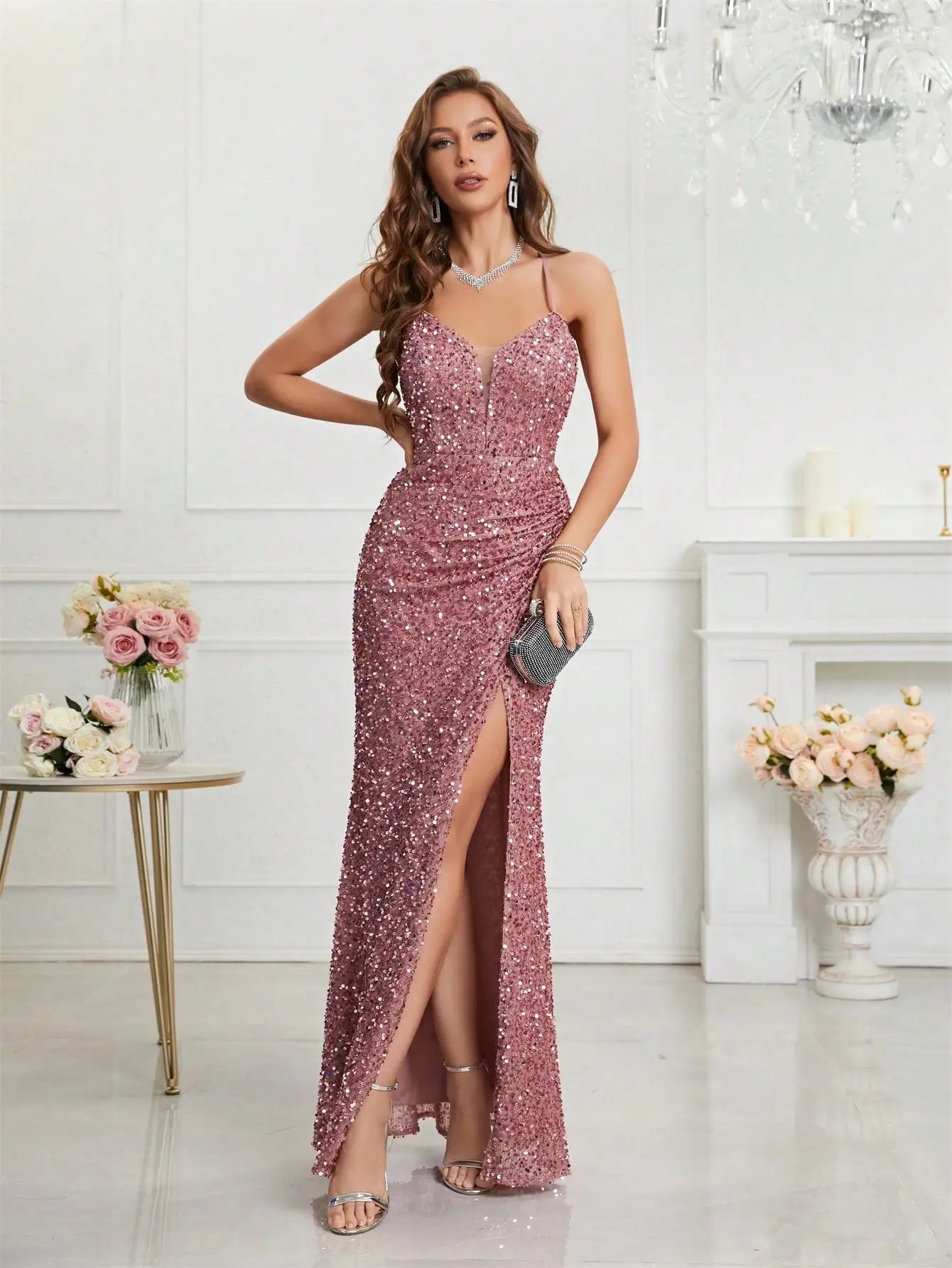 Bodycon Halter Neck Ruched Waist Sequined Formal  Cami Women's Dress