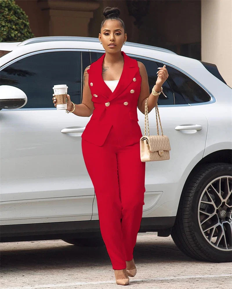 Women's Set Elegant Sleeveless Blazer Top + Pencil Pants Matching Sets