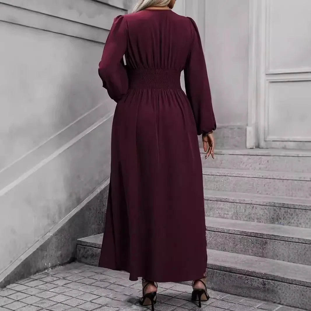 Plus Size Women's Elegant Long Dress V Neck High Waist  Long Sleeve