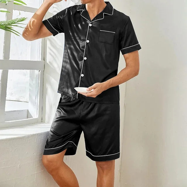 Plus Size Men's Pajama Set Faux Silk Lapel Cardigan Short Sleeve Set