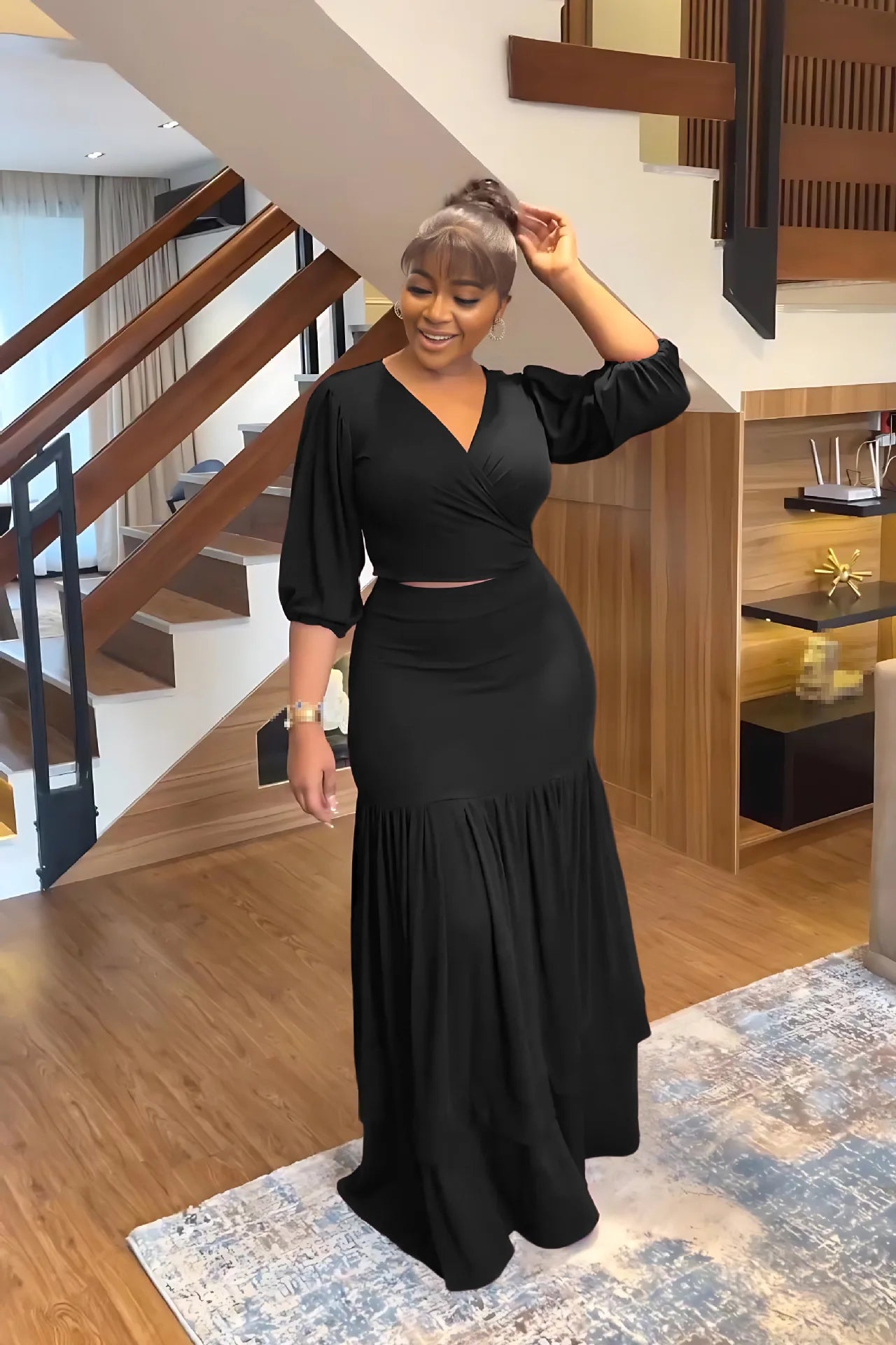 Women's Suits Deep V Neck Slim Short Tops High Waist Pleated Skirt