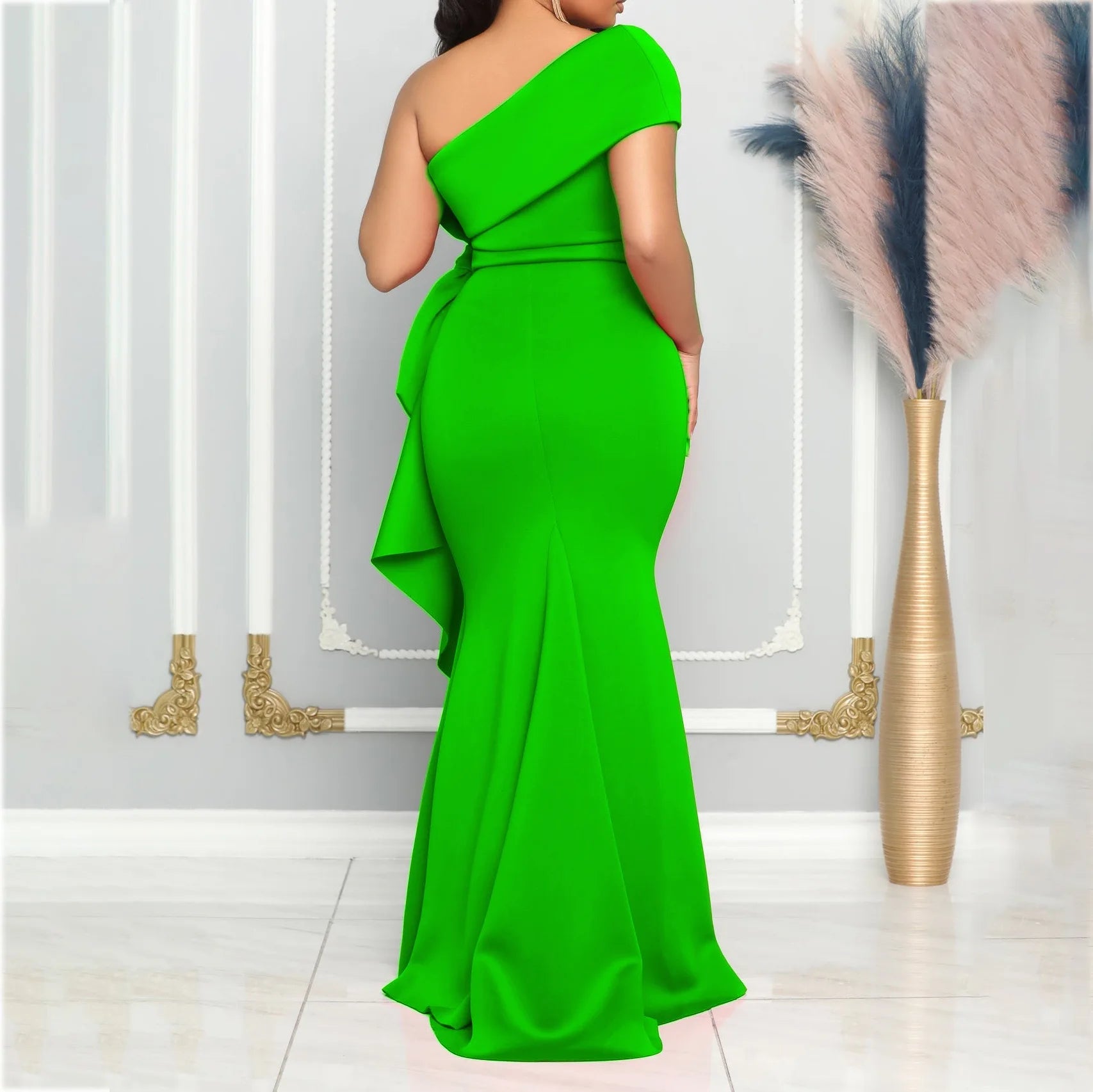 Women One Shoulder Ruffles Mermaid Floor Length Luxury Elegant Dress