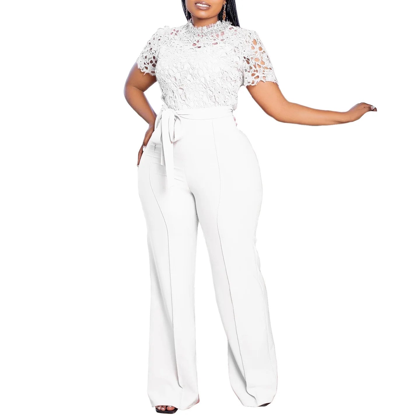 Women O-Neck Lace Patchwork Short Sleeve Sashes High Waist Outfit Set