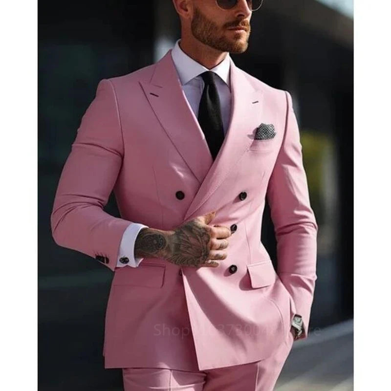 Men's Suit Set Fashion Groom Peak Lapel Double Breasted Blazer Trouser