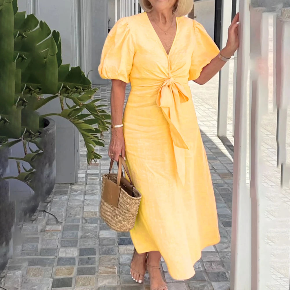 Plus Size Women's Solid Elegant V-Neck Lace-Up Puff Sleeve Maxi Dress
