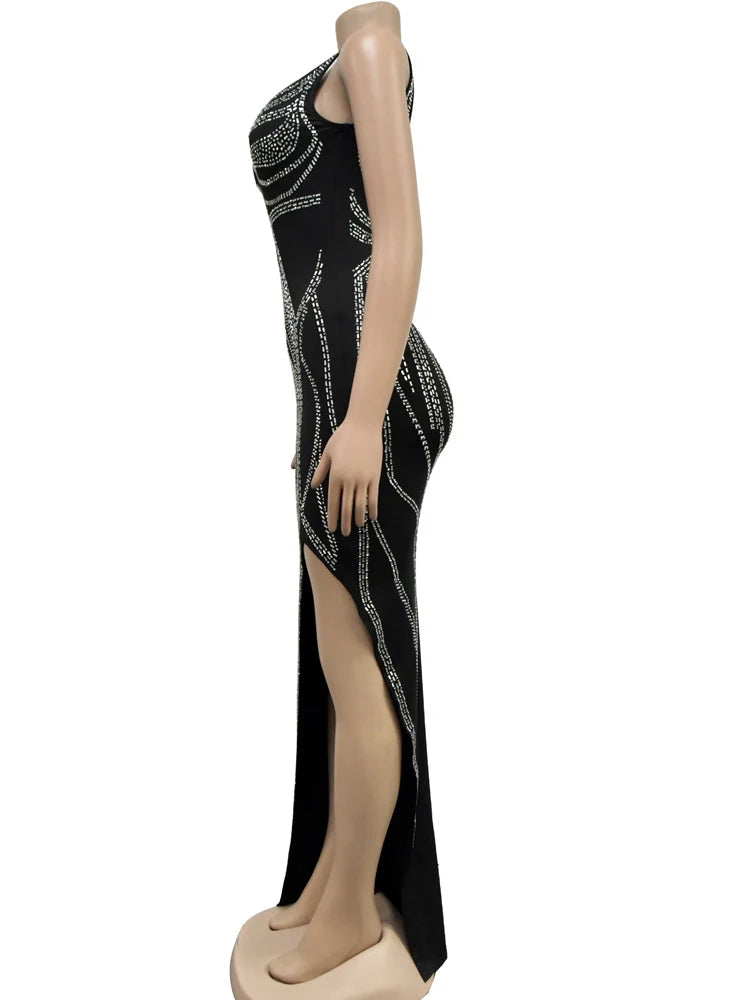 Women's Rhinestones Leg Slit Glam Sleeveless Maxi Club Dress Outfits
