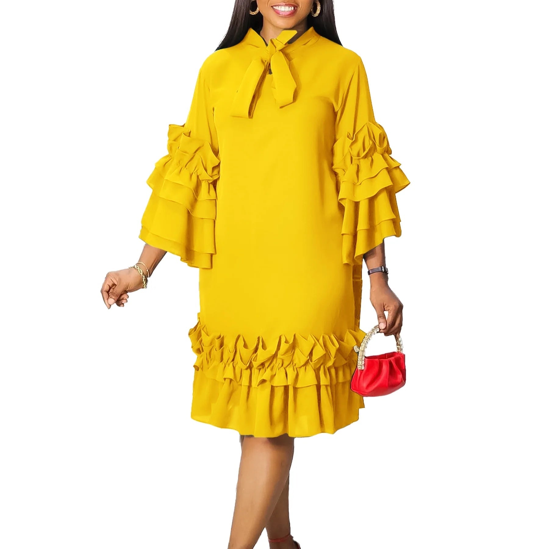 Women Ruffle Edge Flare Sleeves Large Loose Versatile Dress