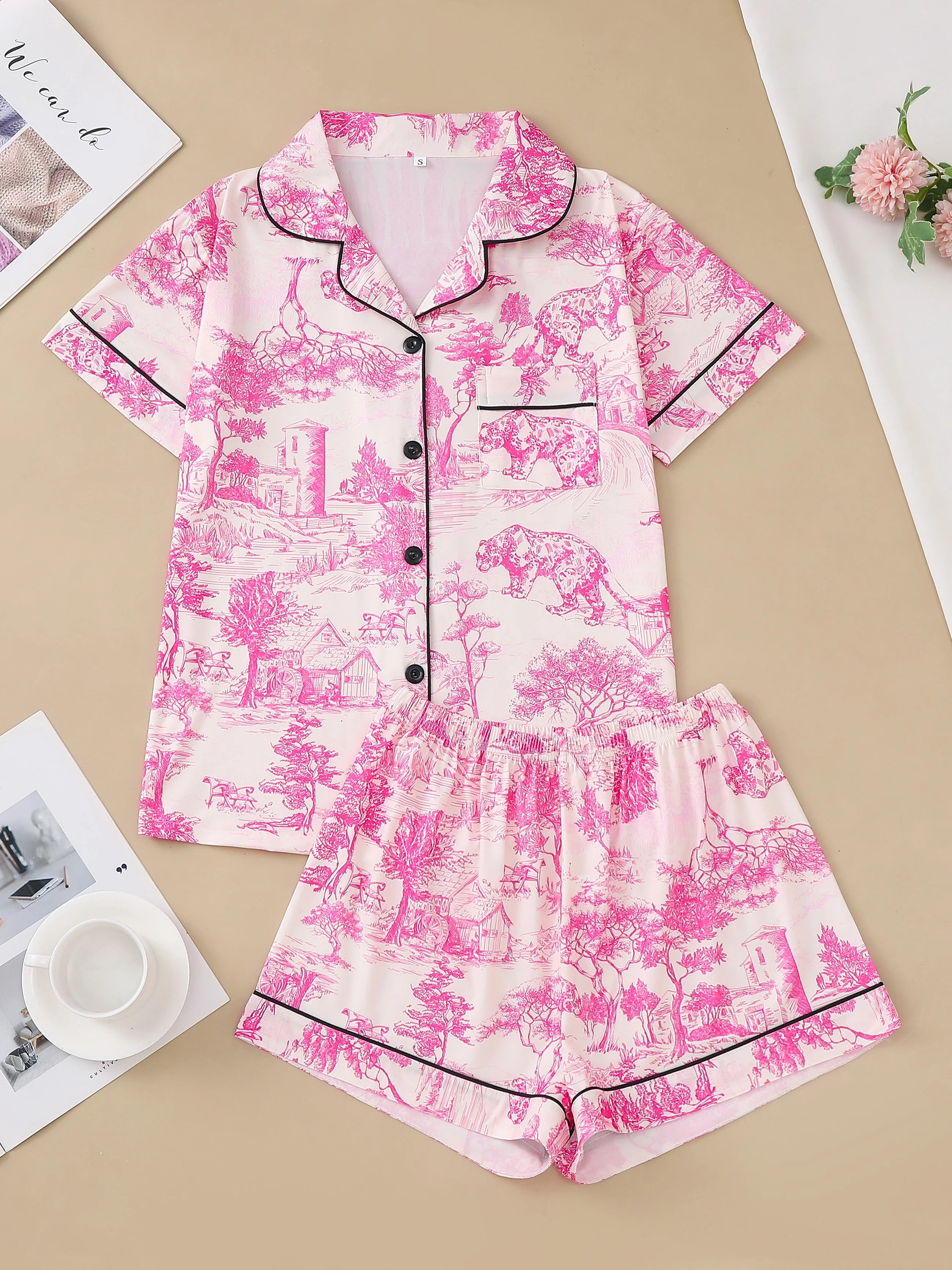Pajama set, comfortable short-sleeved lapel top loungewear for women