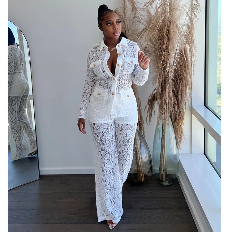 Women's Crochet Lapel Long Sleeve Jumpsuit Two Piece Pants Set Trendy