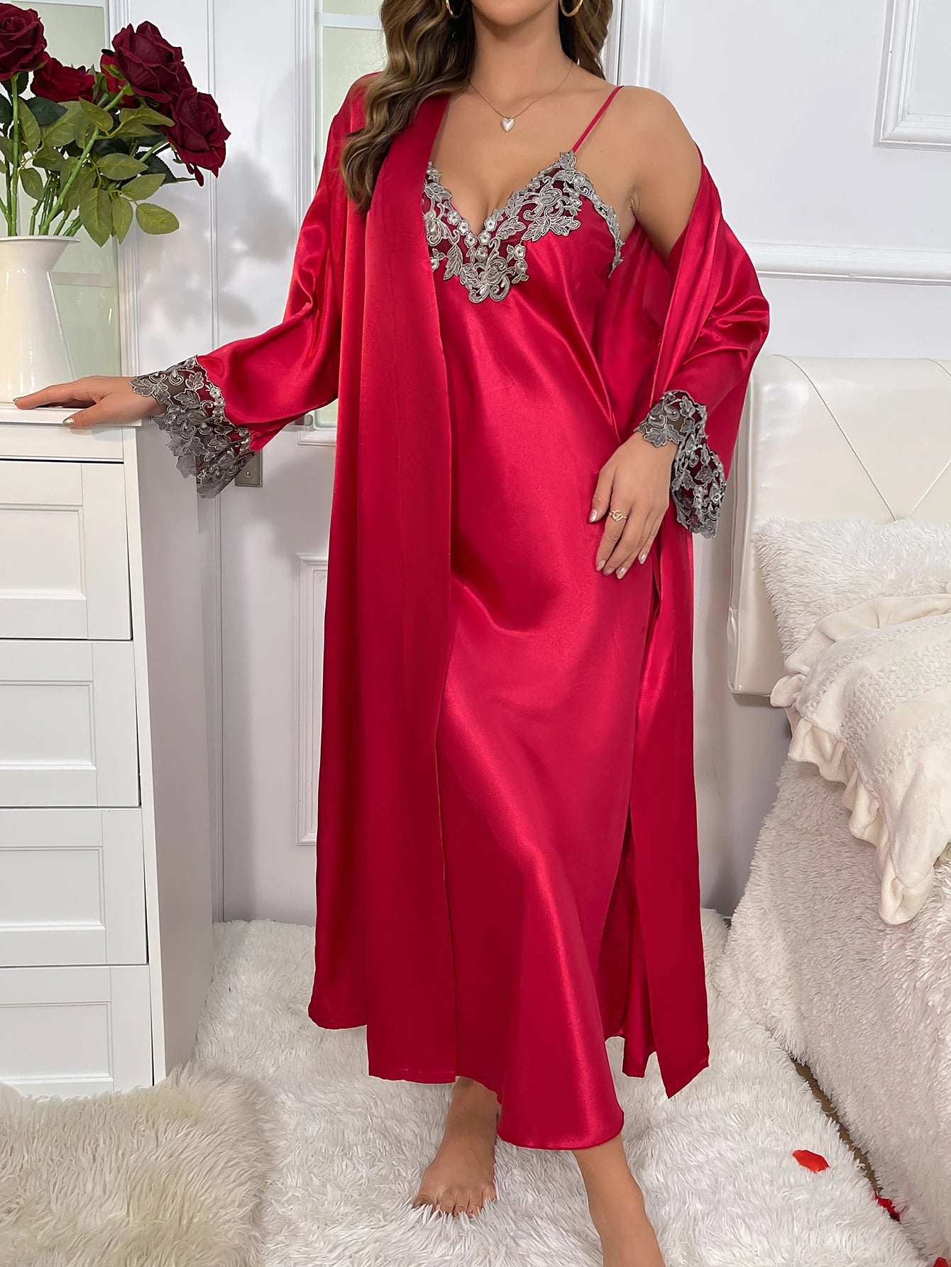 Long Sleeve Belted Robe V Neck Slip Dress Sexy Elegant Women Pajama  Sets