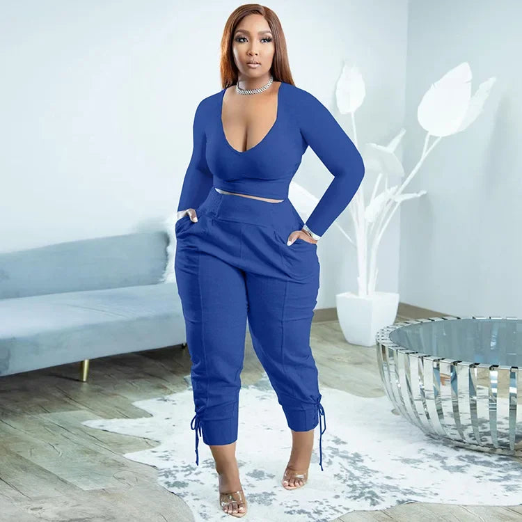 Plus Size Sexy Loose Fit Casual 2-Piece Set for Women V-Neck Pantsuit