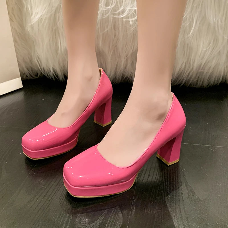 Women’s Fashion Shoes: Square-Toe Patent Leather  Platform Pumps