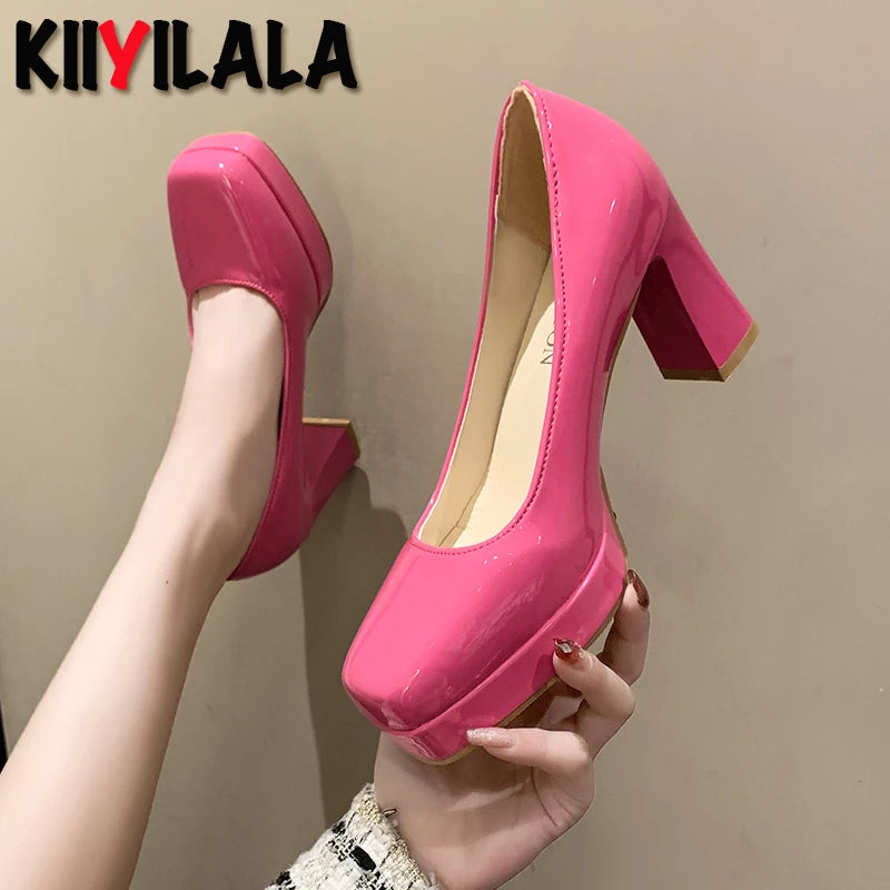 Women’s Fashion Shoes: Square-Toe Patent Leather  Platform Pumps