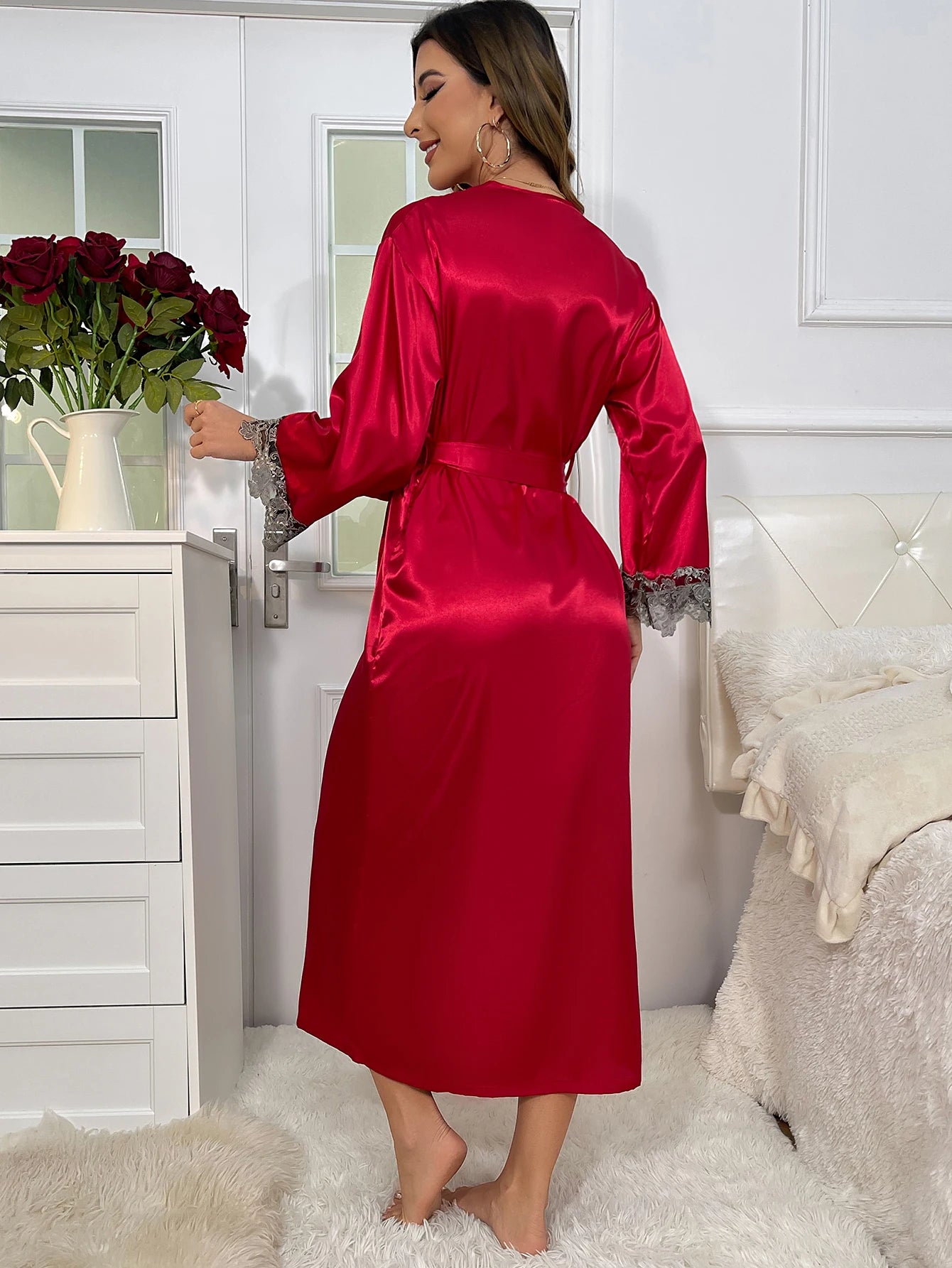Long Sleeve Belted Robe V Neck Slip Dress Sexy Elegant Women Pajama  Sets