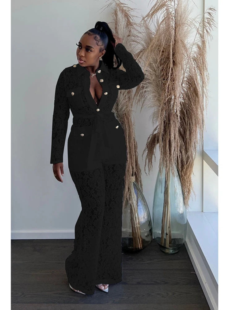 Women's Crochet Lapel Long Sleeve Jumpsuit Two Piece Pants Set Trendy