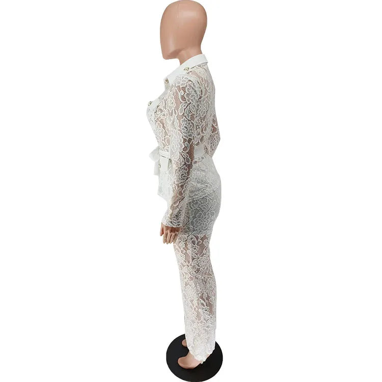 Women's Crochet Lapel Long Sleeve Jumpsuit Two Piece Pants Set Trendy