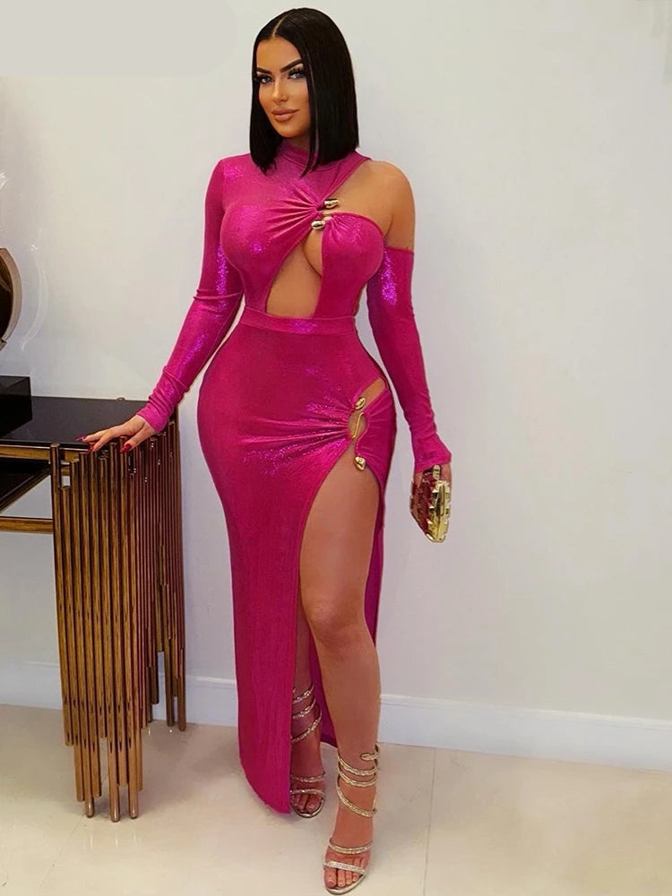 Women Cutout Shoulder High Side Split Gilding Midi Maxi Long Dress