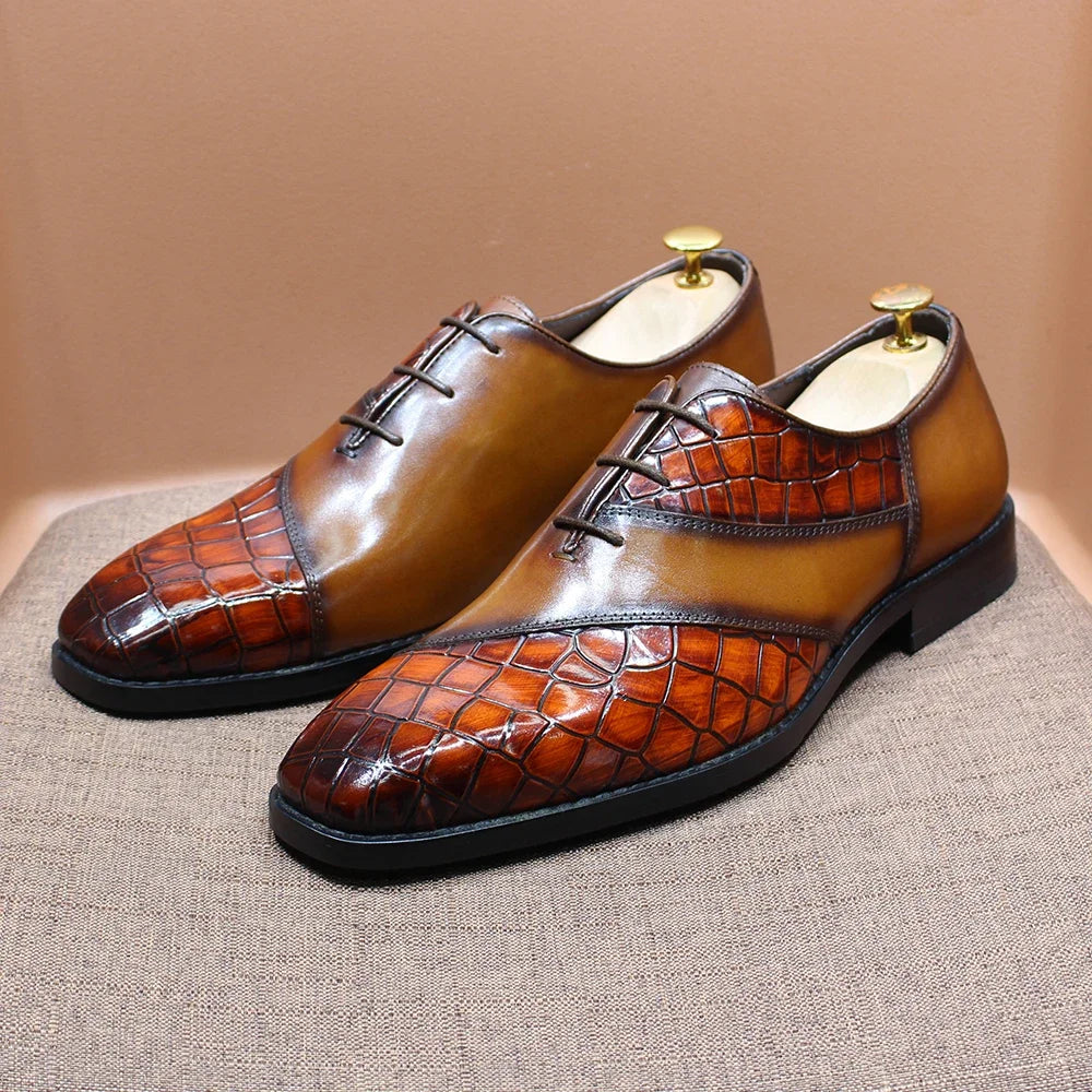 Fashion Mens Oxford Crocodile Pattern Cow Patent Leather Lace Up Formal Dress Shoes