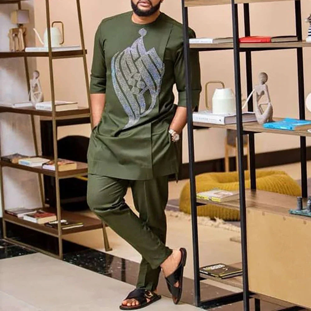 African Men Dashiki Formal Outfit Elegant Wedding Suit 2Pc Pant Set